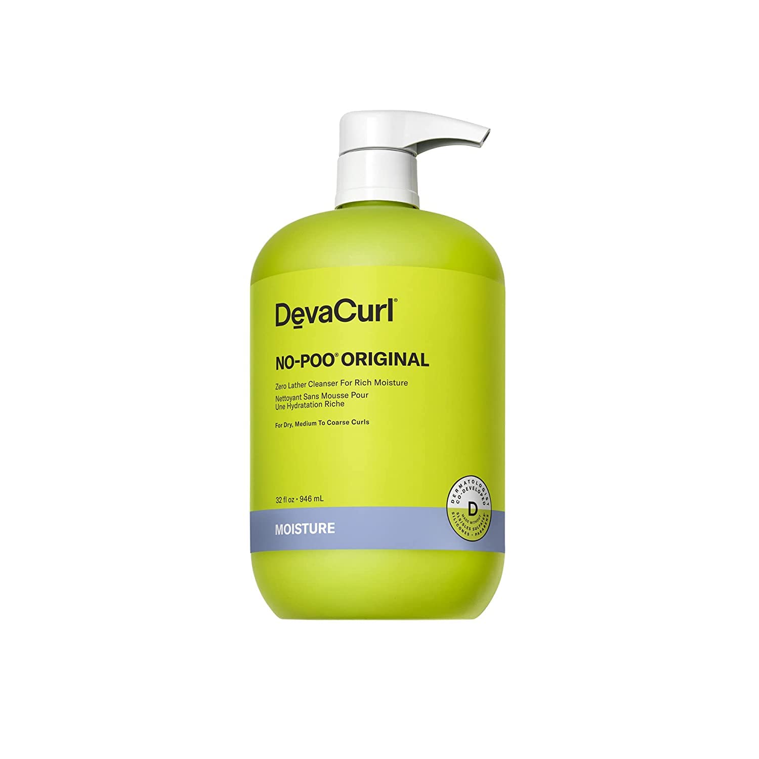 Devacurl No-Poo Original bottle front view highlighting rose moisture for curls.