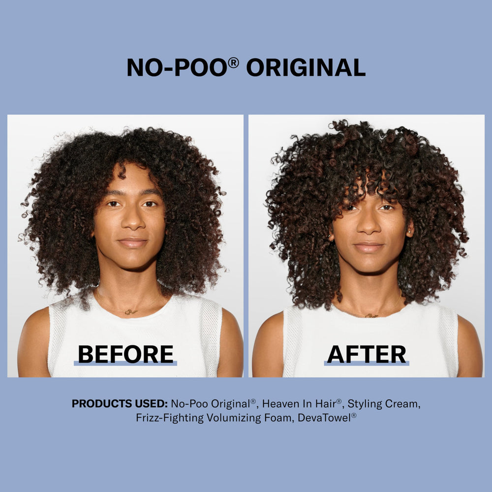 Devacurl No-Poo Original rose fragrance close-up signaling moisture for curls.