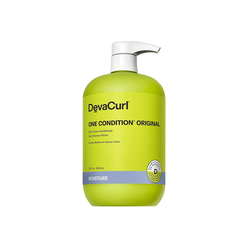 DevaCurl One Condition bottle with lemongrass scent for hydrated, defined curls.