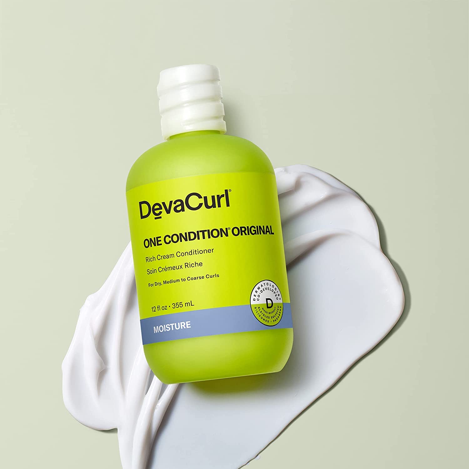 DevaCurl One Condition Original Rich Cream lemongrass label highlights moisture and shine