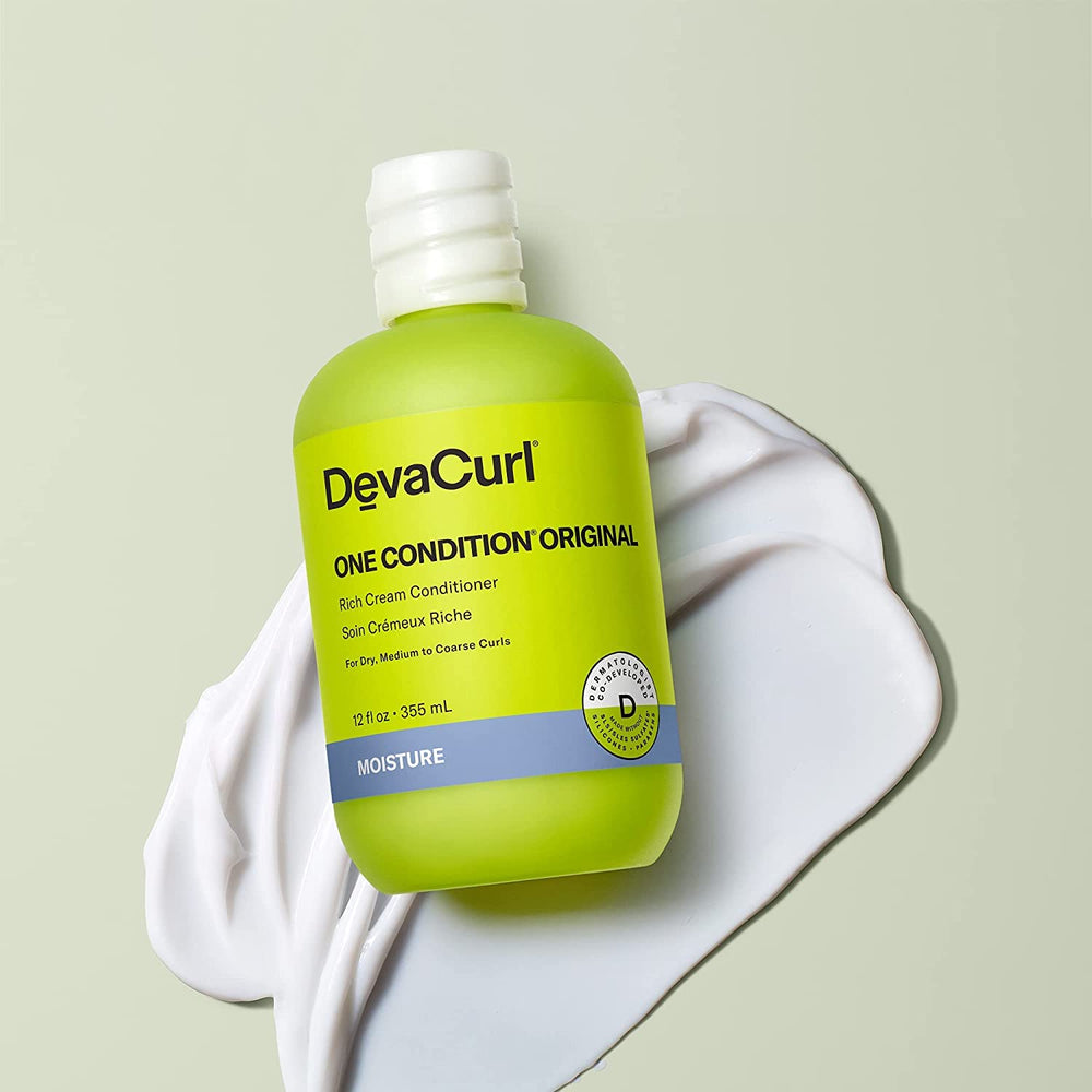 DevaCurl One Condition Original Rich Cream lemongrass label highlights moisture and shine