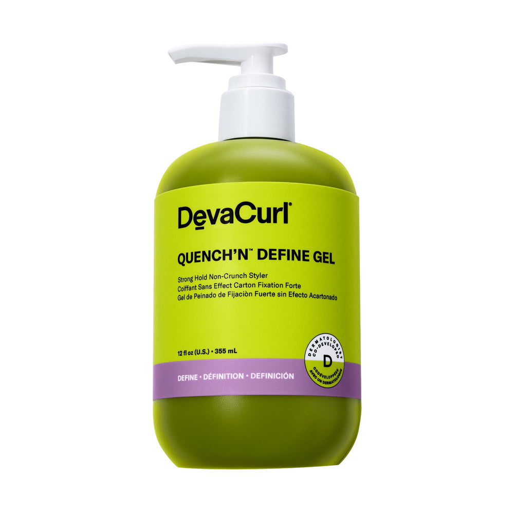DevaCurl Quench'n Define Gel bottle showing moisture-rich styling for curls