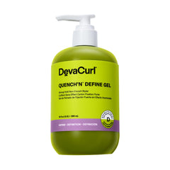 DevaCurl Quench'n Define Gel bottle showing moisture-rich styling for curls