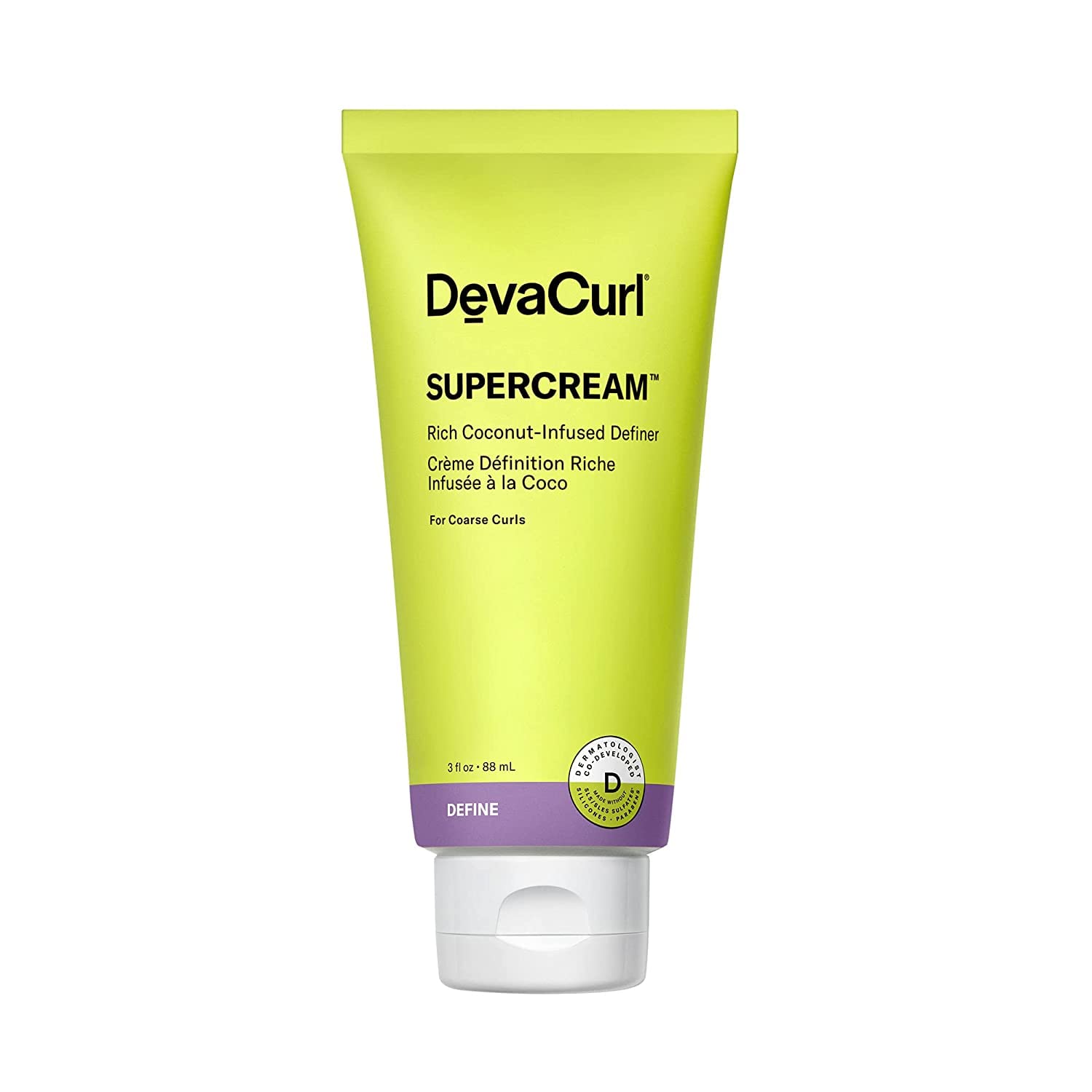 DevaCurl SuperCream en botella de 3 oz para definición y control del frizz.