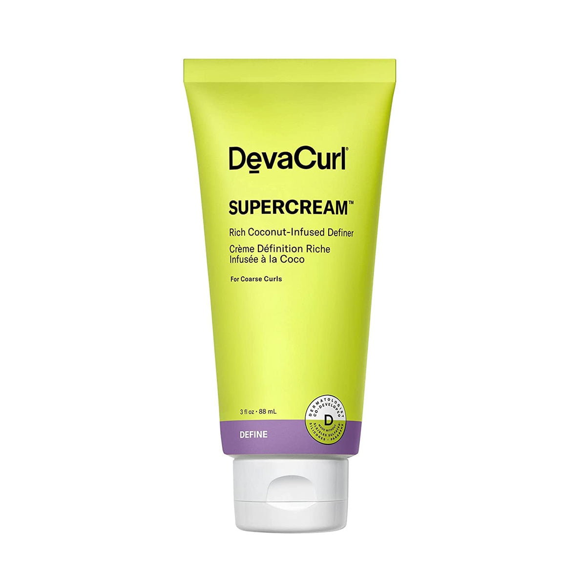 DevaCurl SuperCream en botella de 3 oz para definición y control del frizz.
