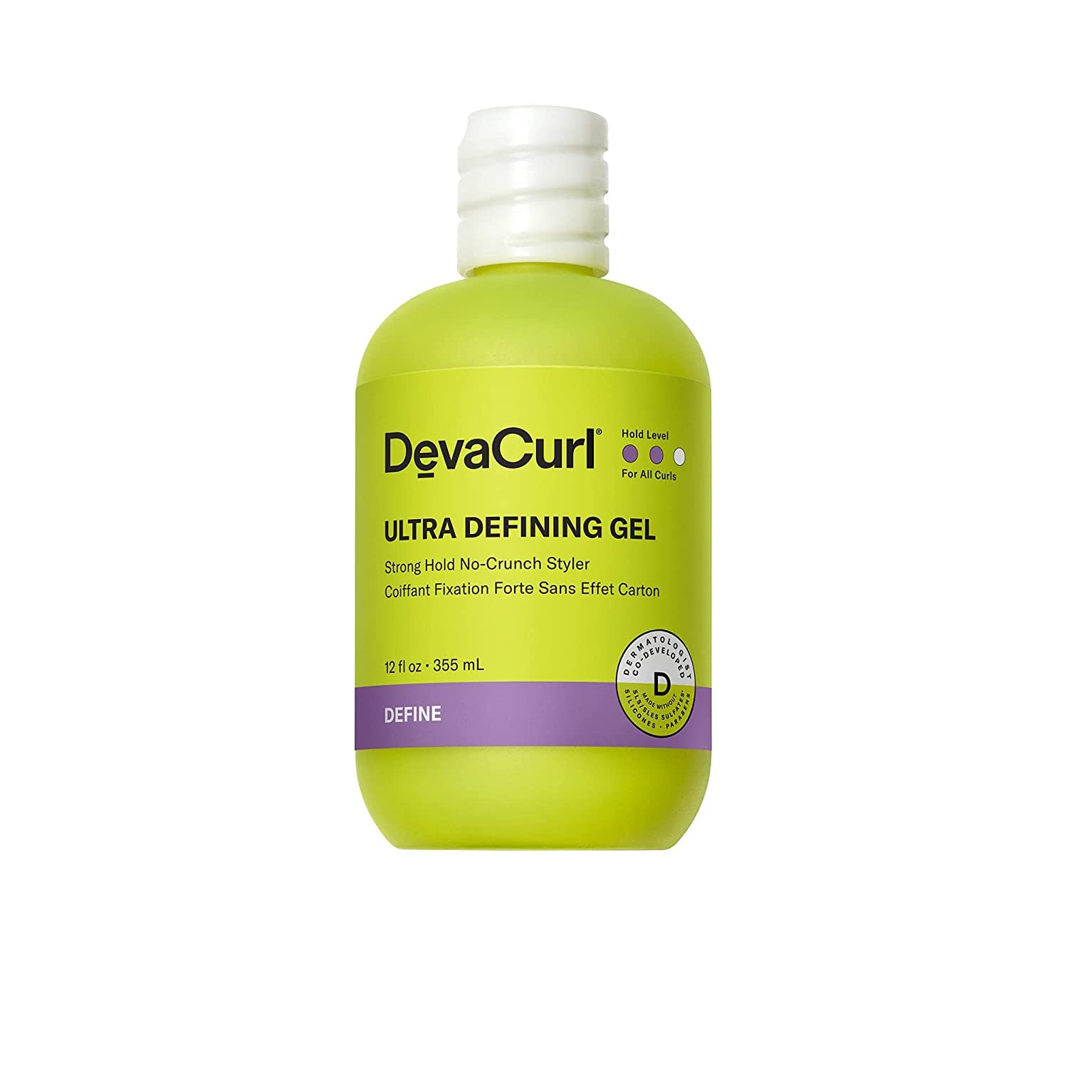 DevaCurl Ultra Defining Gel Bright Breeze bottle shows bold hold and glossy finish.