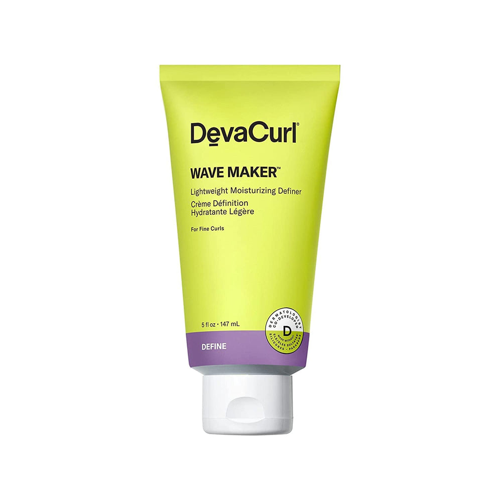 DevaCurl Wave Maker bottle pour demonstrating lightweight definition and frizz control.