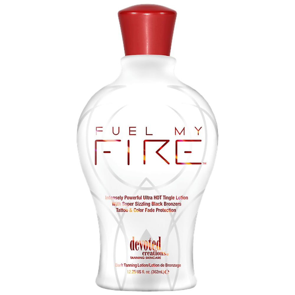Devoted Creations Fuel My Fire bottle front view showing bold packaging and product height.