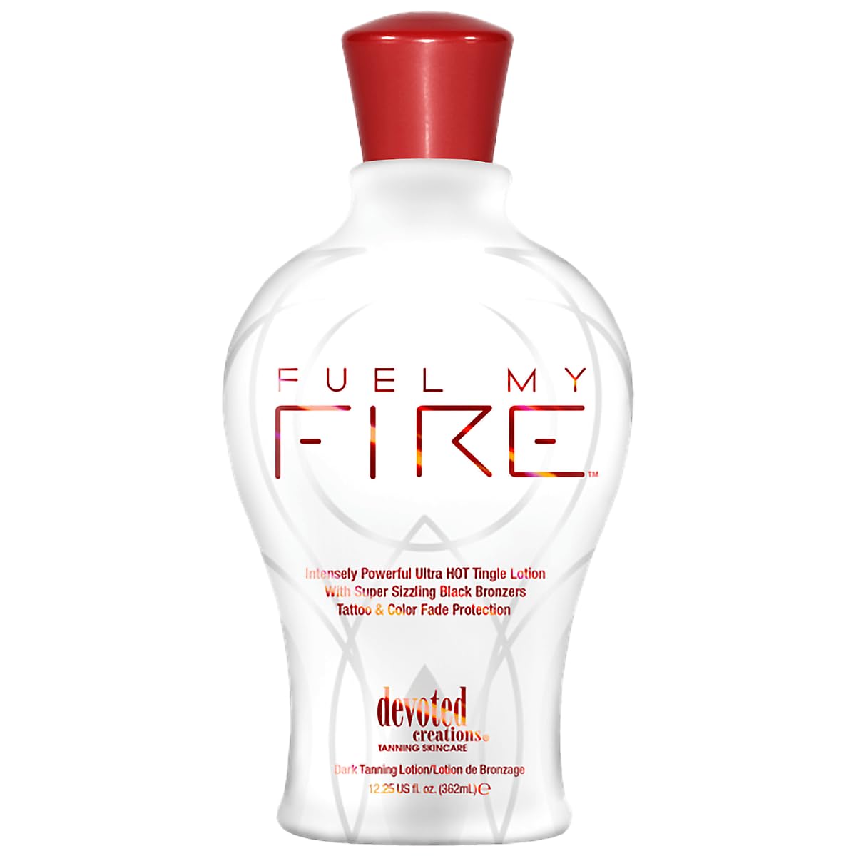 Devoted Creations Fuel My Fire bottle front view showing bold packaging and product height.
