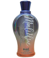 Devoted Creations Maliblue bottle demonstrates fast acting tan enhancement for radiant color and hydration.