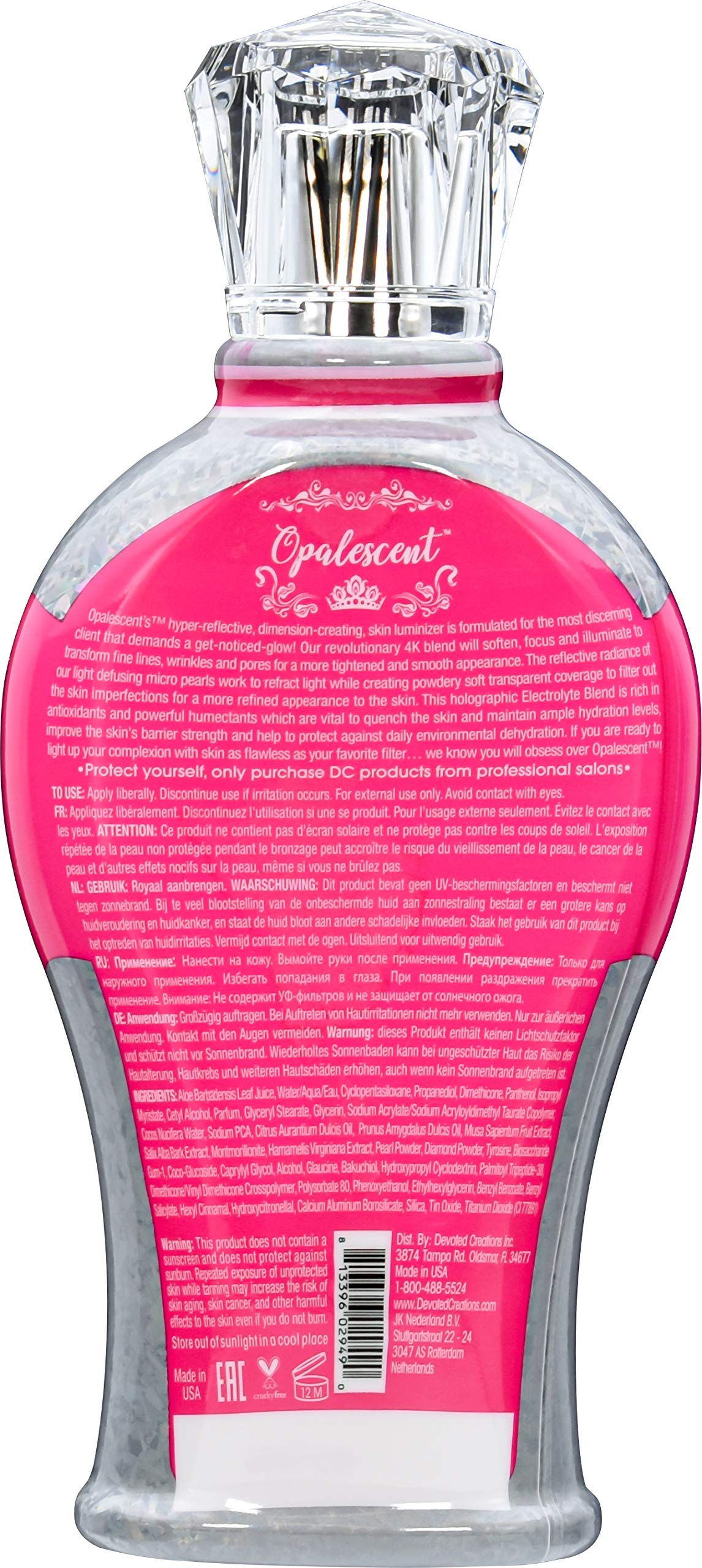 Devoted Creations Opalescent Tanning Lotion bottle back, holographic micro-spheres