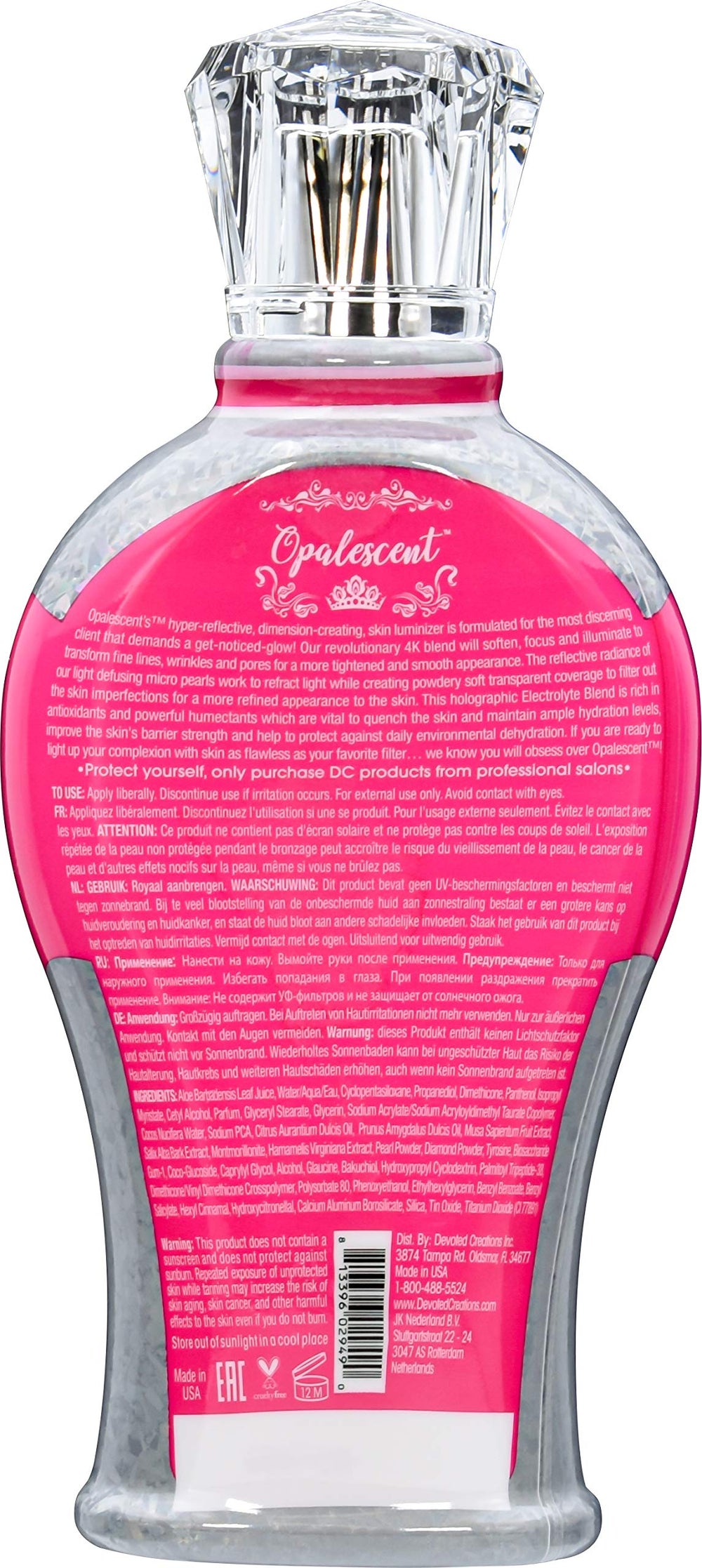 Devoted Creations Opalescent Tanning Lotion bottle back, holographic micro-spheres