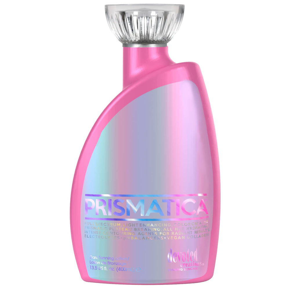 Devoted Creations Prismatica dark tanning optimizer bottle demonstrating deep color without bronzer