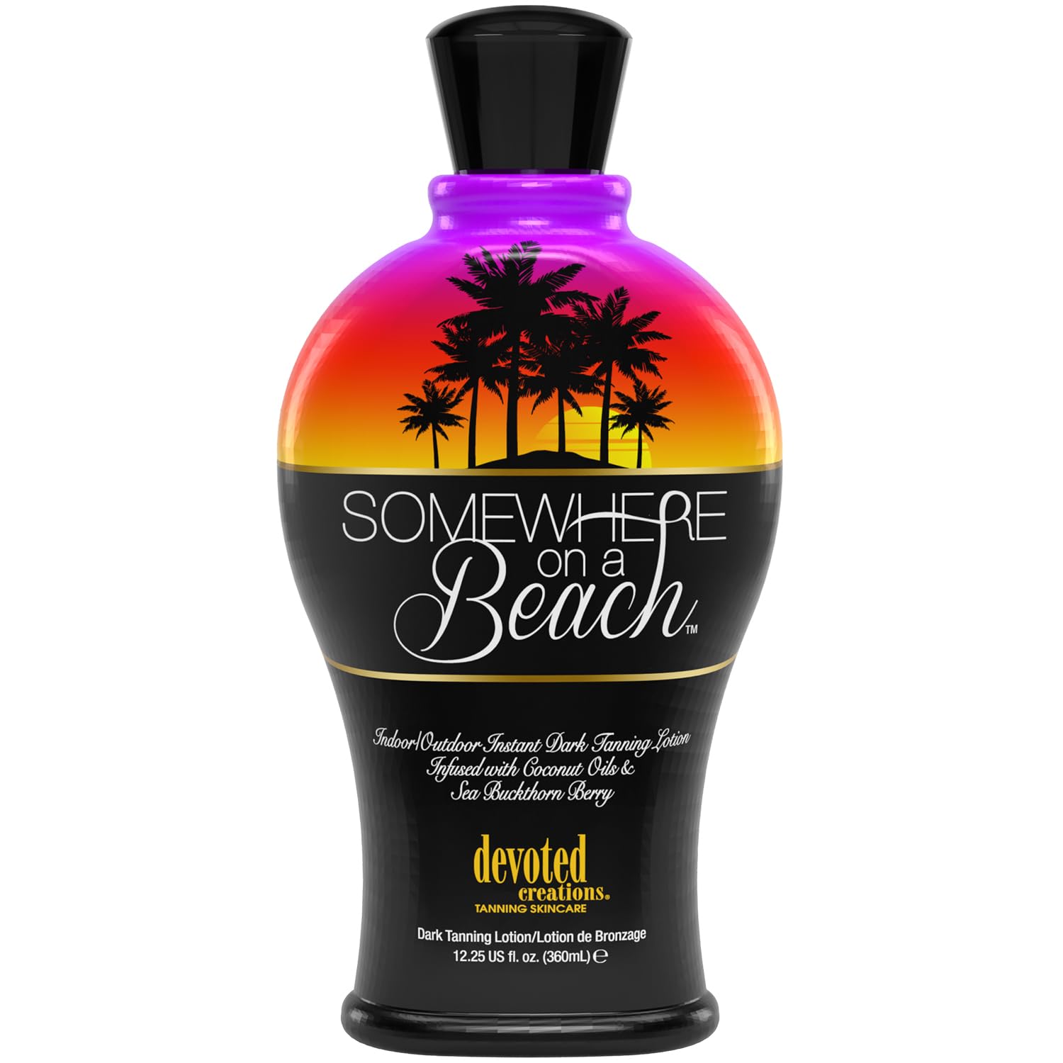 Devoted Creations Somewhere on a Beach tanning lotion bottle highlights sun-kissed glow potential.