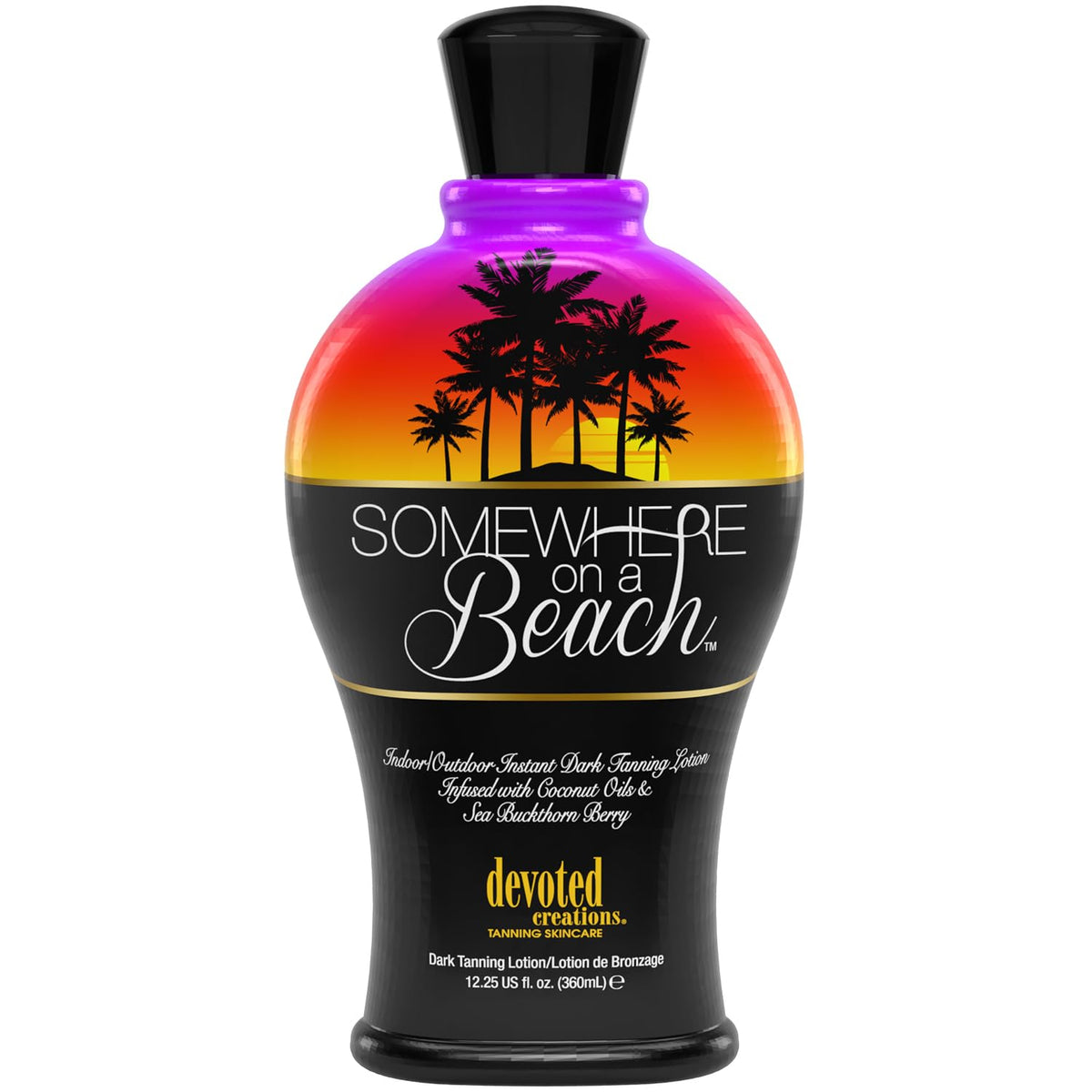 Devoted Creations Somewhere on a Beach tanning lotion bottle highlights sun-kissed glow potential.