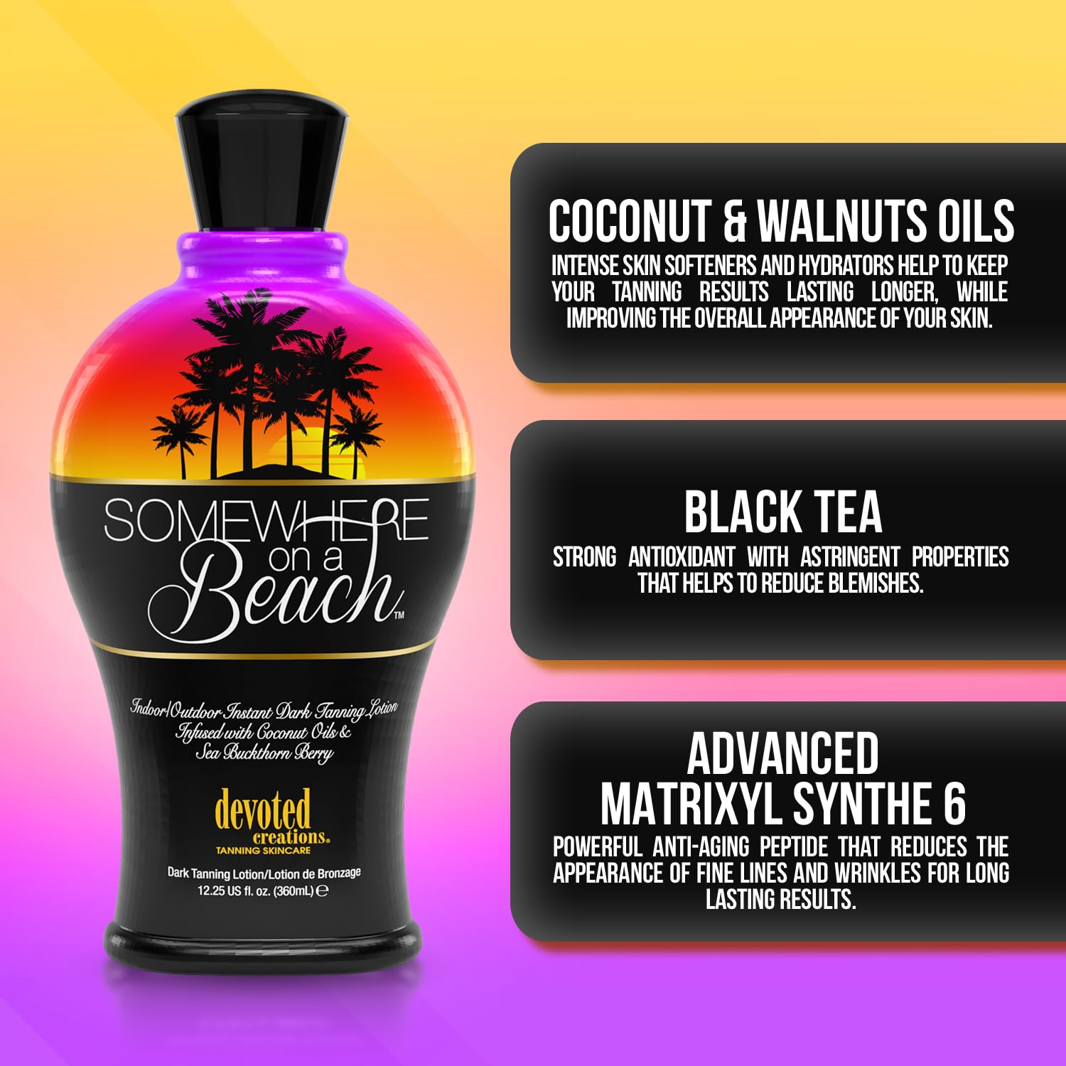 Devoted Creations Somewhere on a Beach tanning lotion packaging highlights easy usage and travel-friendly size.