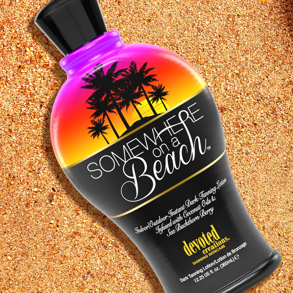 Devoted Creations Somewhere on a Beach tanning lotion skin close-up highlights hydration benefits.