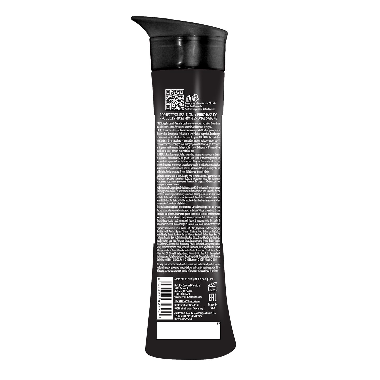 Devoted Creations All Black Everything, primer plano bronceado, textura suave y rápida absorción.