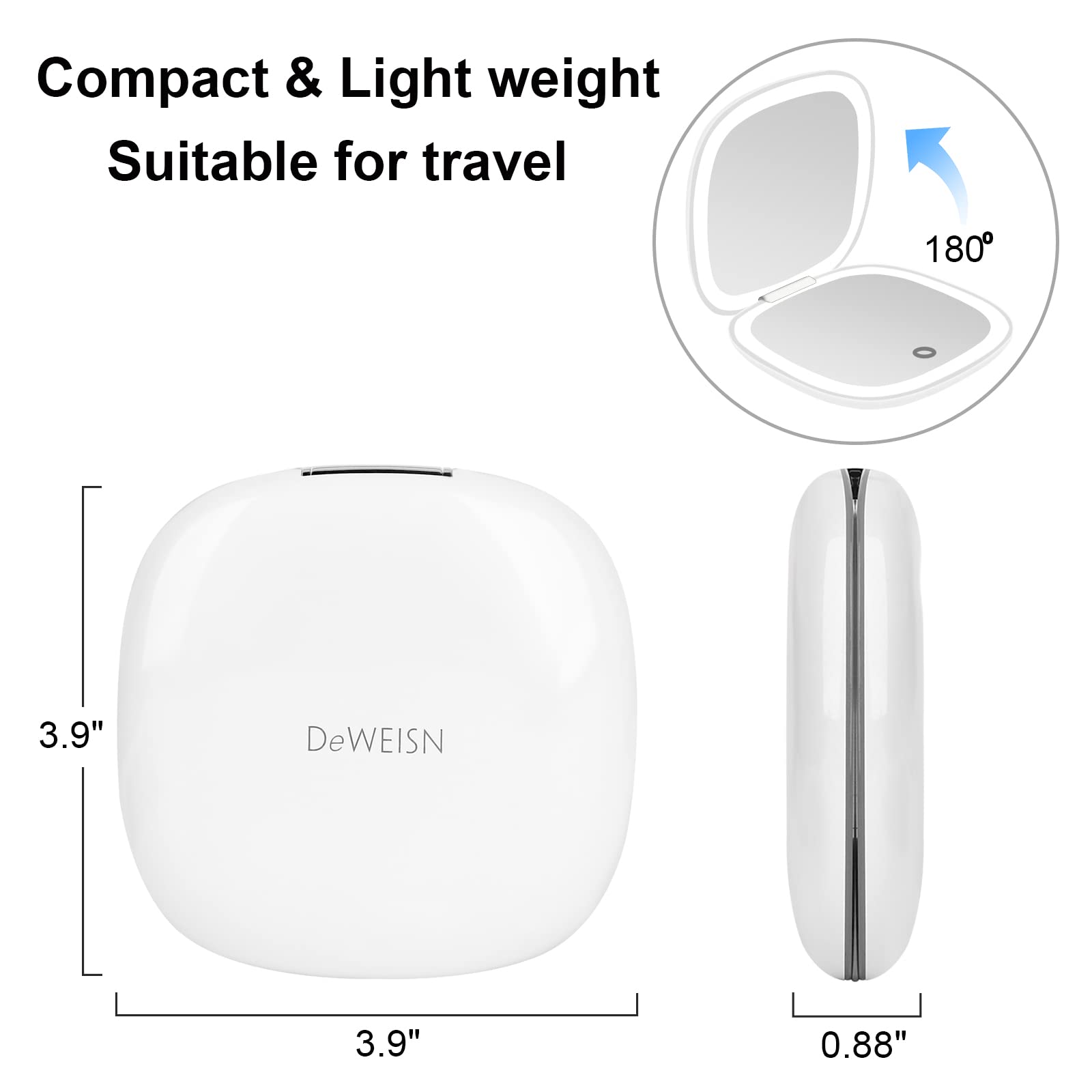 Deweisn mirror shows 1X and 10X magnification for detailed eye makeup.