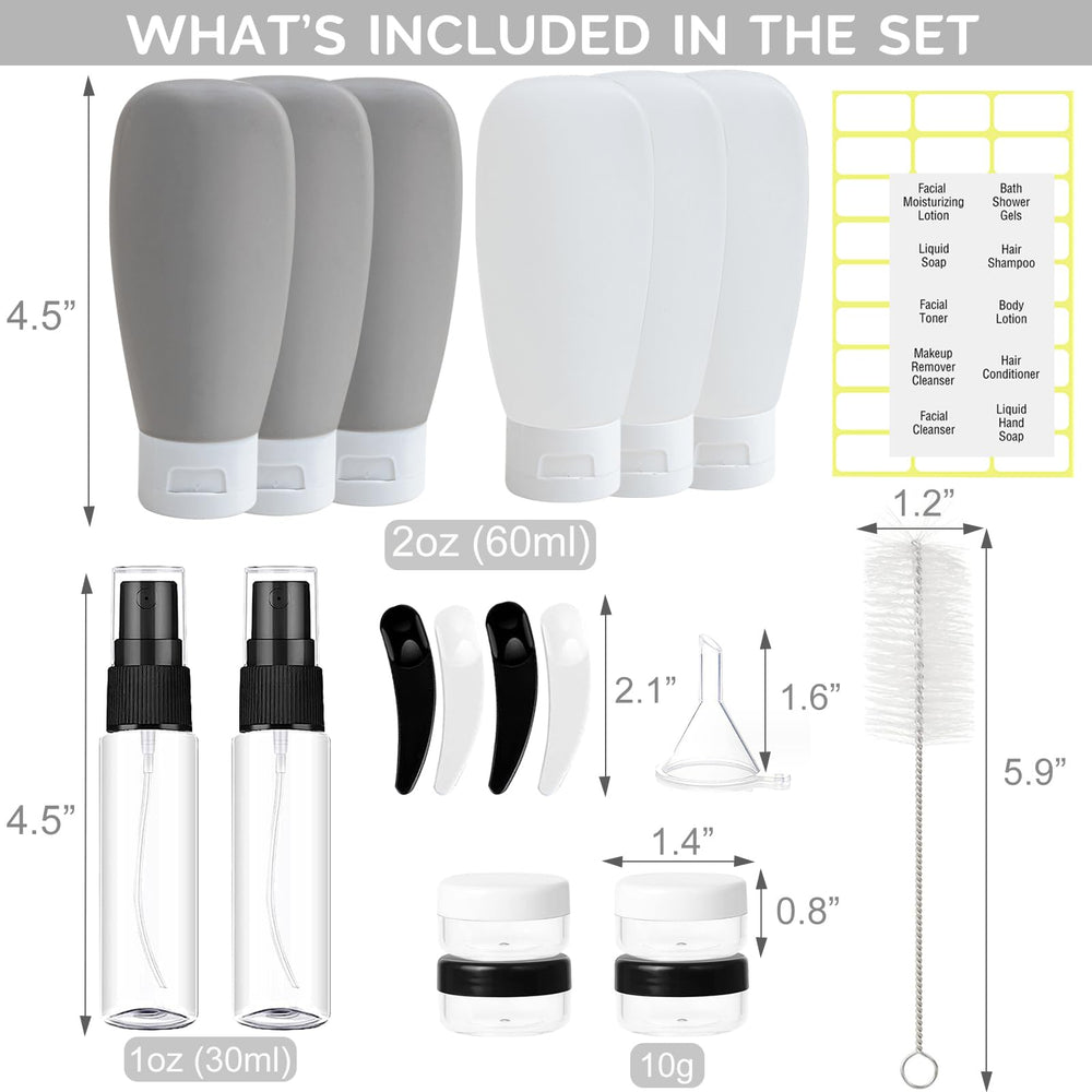 DEWSENSI travel bottles components layout with caps, funnels, and labels for versatile travel.