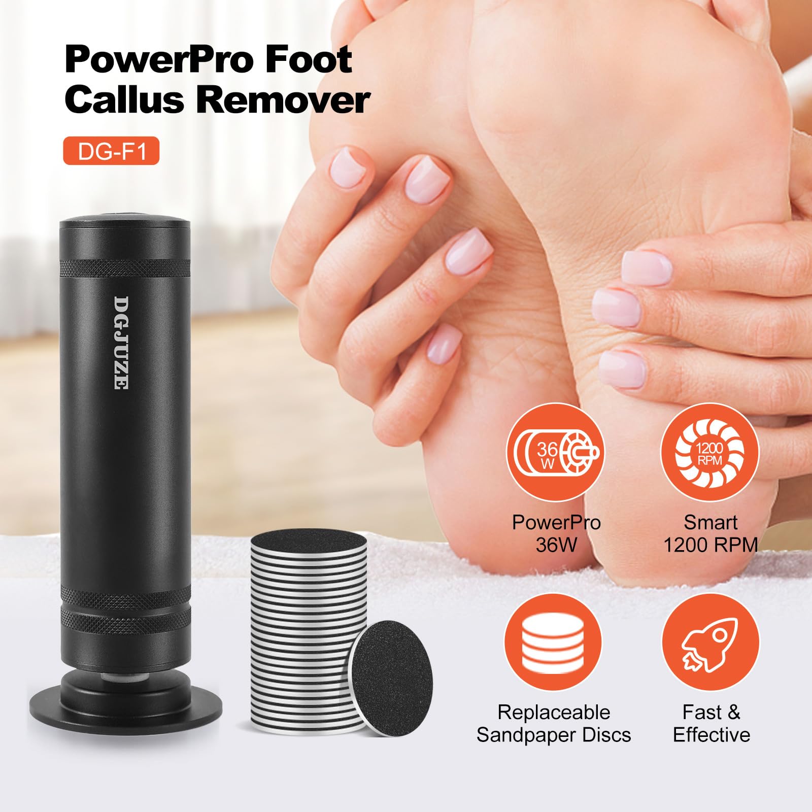 DGJUZE PowerPro foot sander at 1200 RPM for precise control.