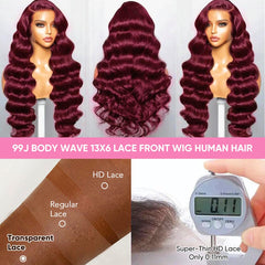 DGVATF Burgundy wig 13x6 lace closeup emphasizing transparent lace and realistic hairline.