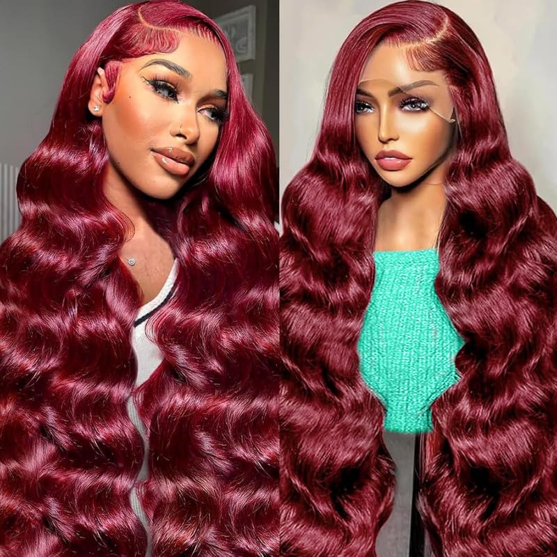 DGVATF Burgundy wig 30-inch front view with smooth body wave for everyday style.