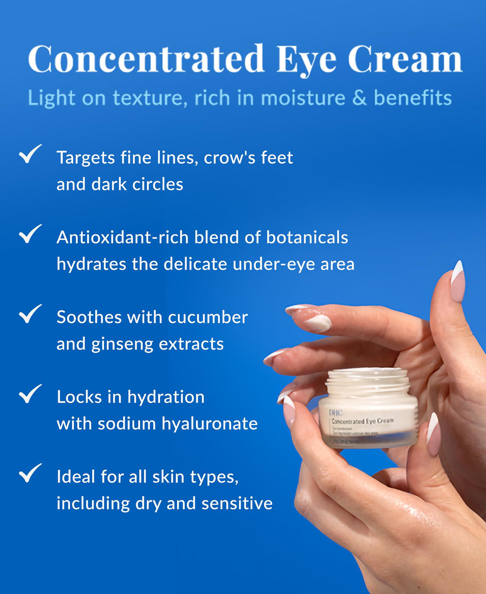 DHC Concentrated Eye Cream jar closeup showcases rich texture for moisturizing the eye area.