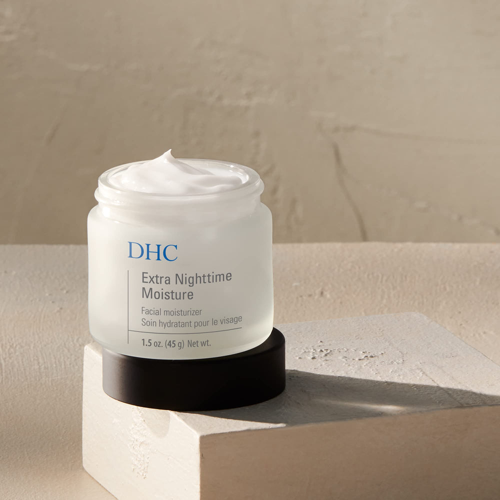 DHC Extra Nighttime Moisture application scene shows nightly routine use.