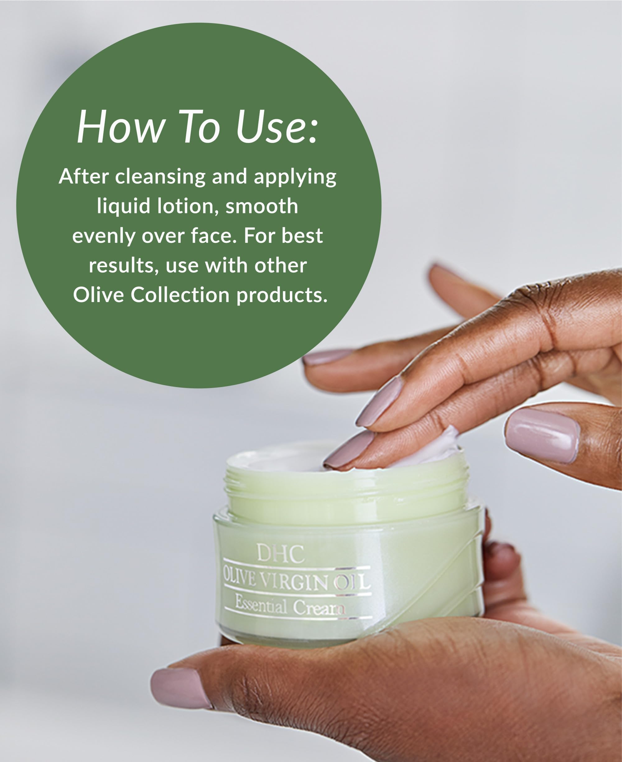 Ingredient bottle highlights olive oil benefits in DHC cream.