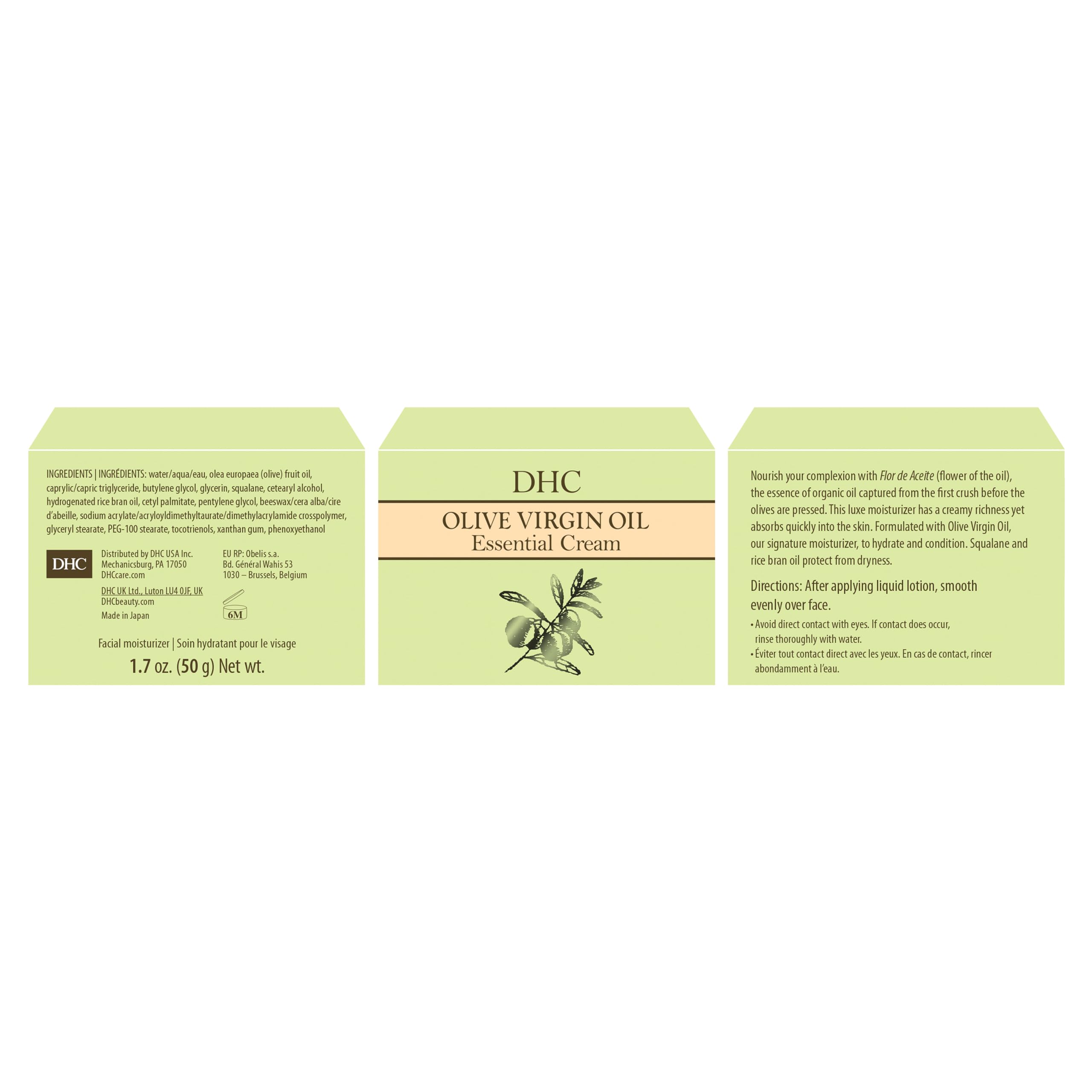 DHC Olive Virgin Oil Essential Cream olive oil bottle featuring flor de aceite.