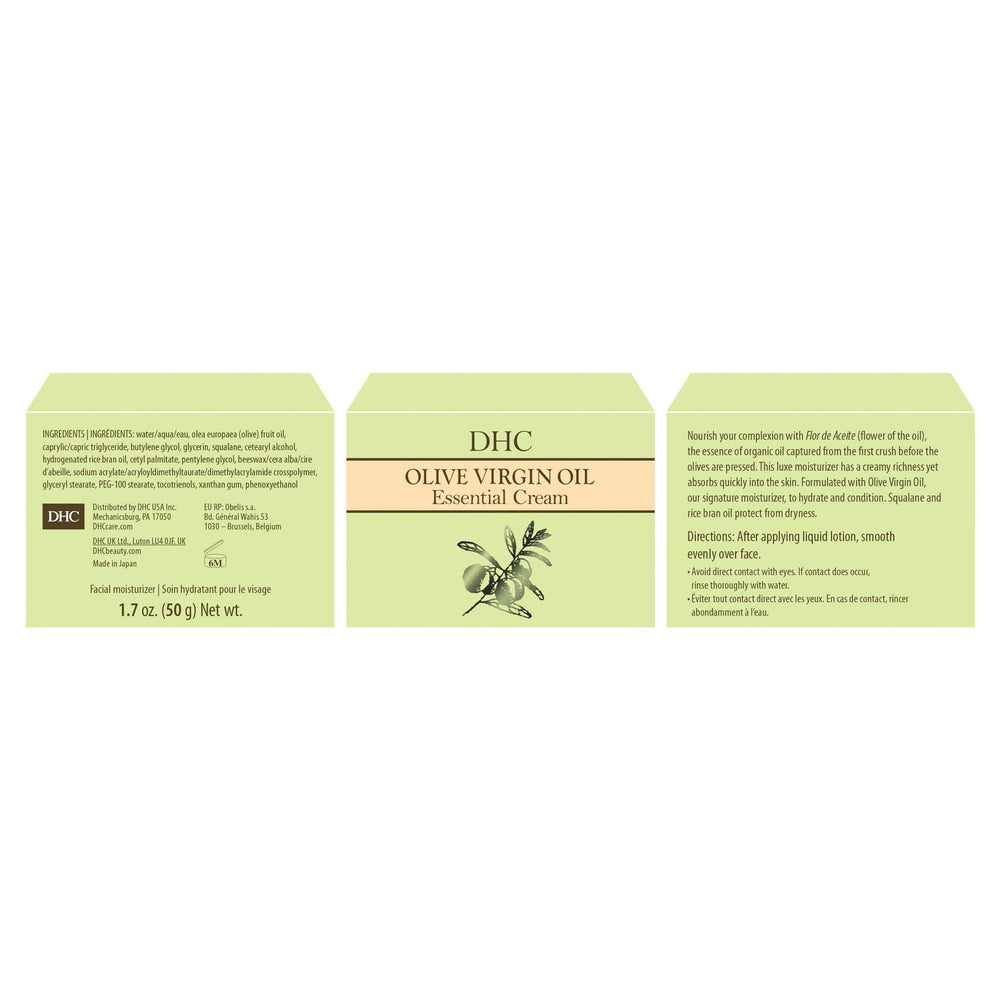 DHC Olive Virgin Oil Essential Cream olive oil bottle featuring flor de aceite.