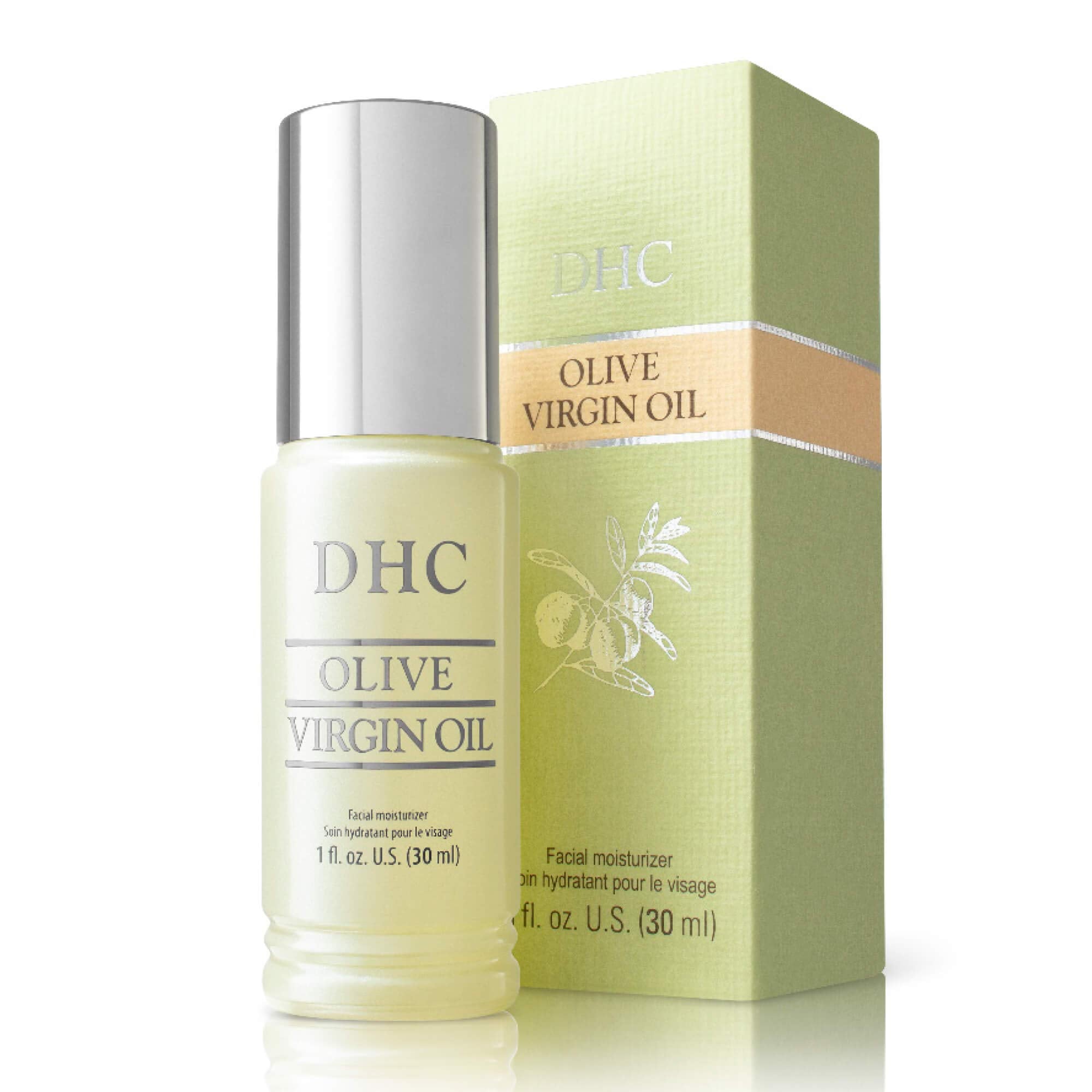 DHC Olive Virgin Oil label detail highlighting fragrance-free formula and organic origin.