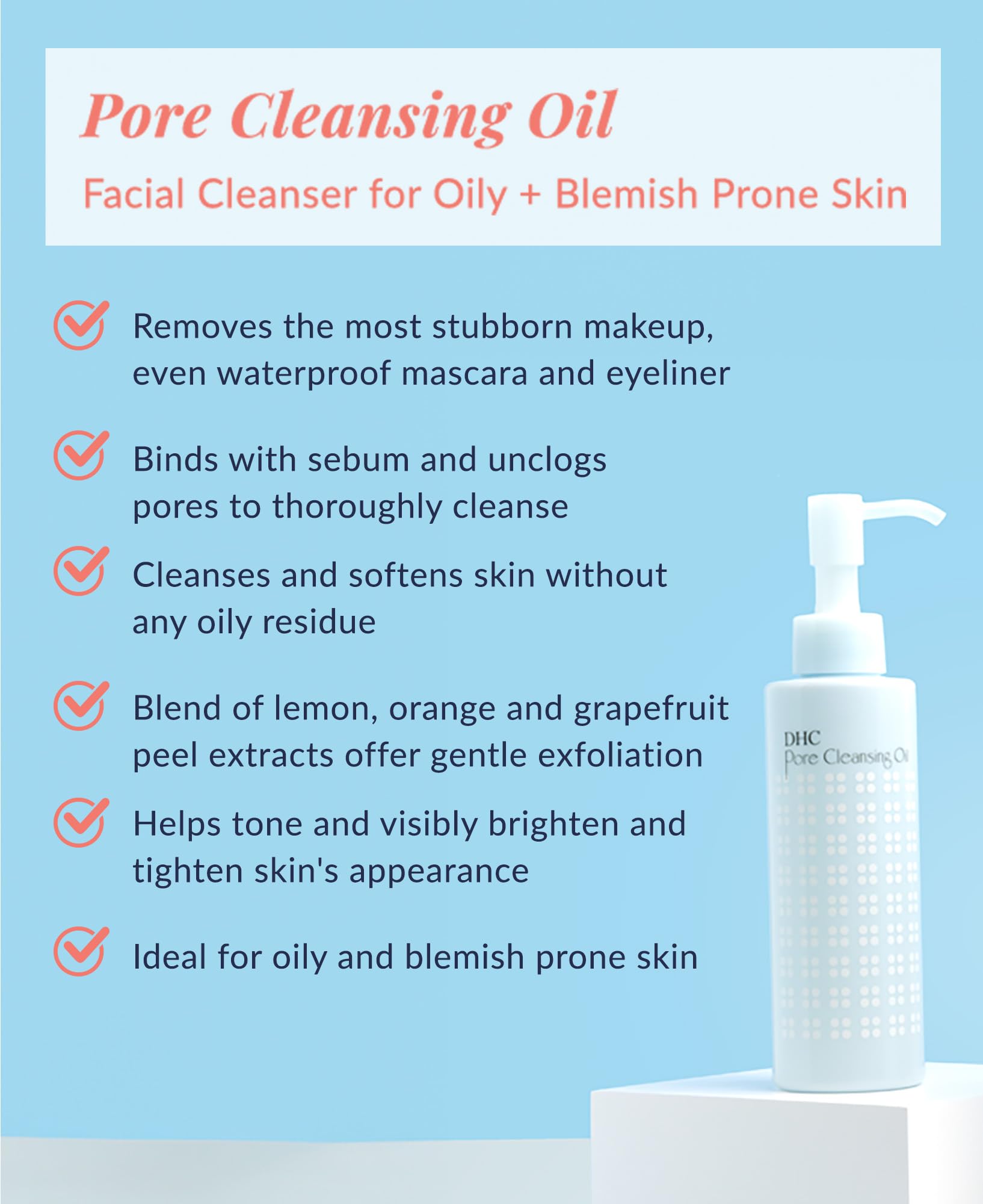 DHC Pore Cleansing Oil pump dispense demonstrates easy, mess-free makeup removal.