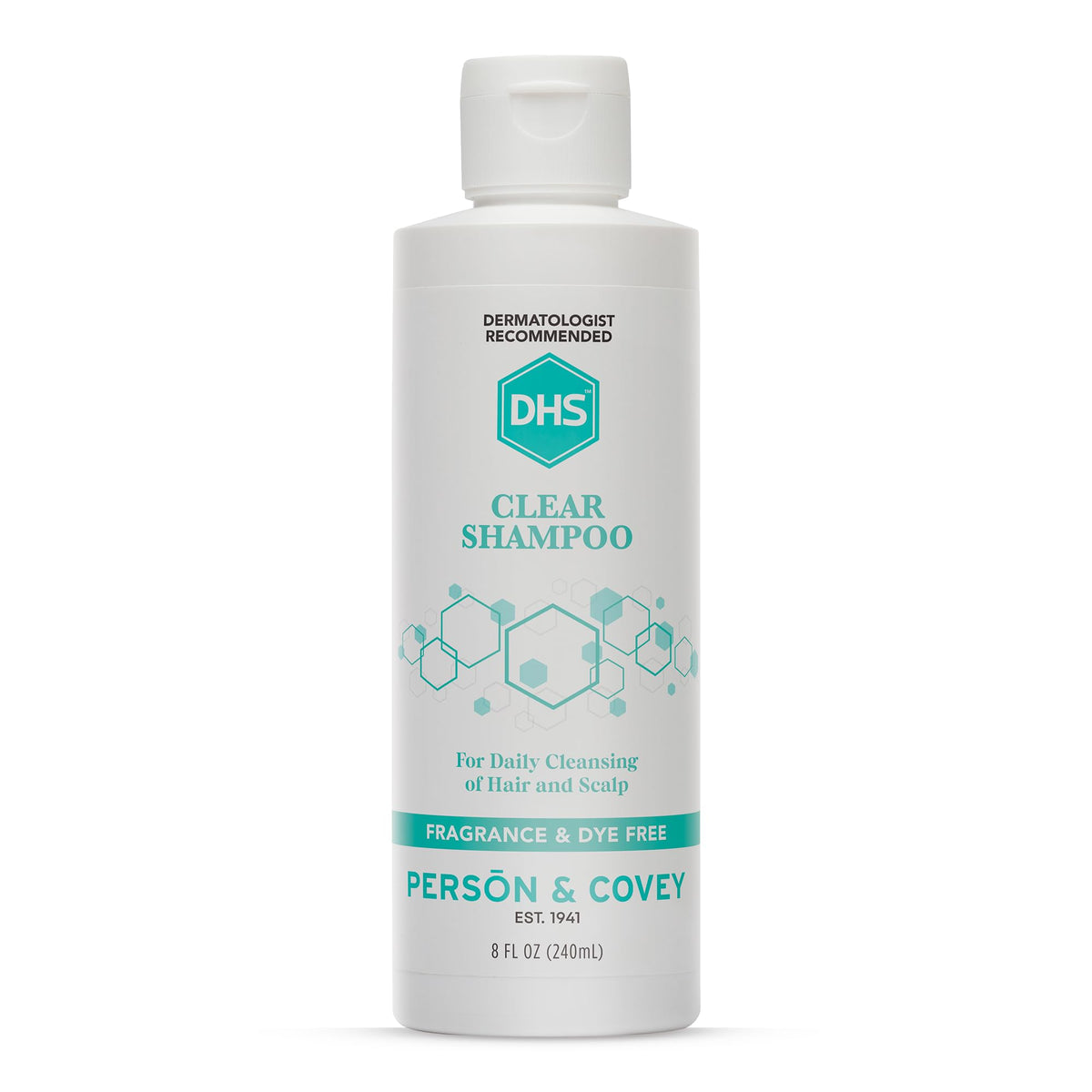 DHS Clear Shampoo, botella de 8 onzas, limpieza suave para cuero cabelludo sensible.