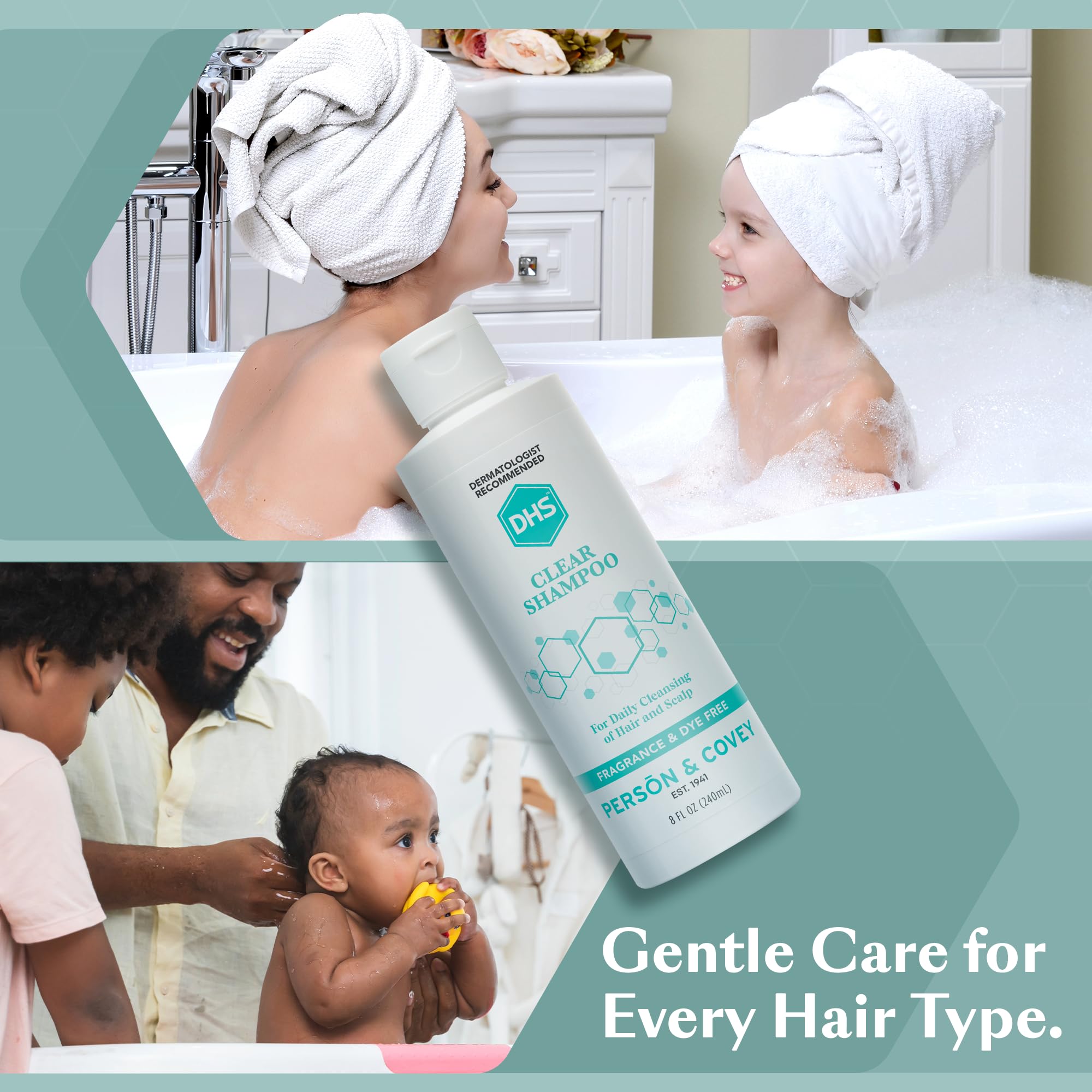 DHS Clear Shampoo, sensación suave al enjuagar para cabello limpio.