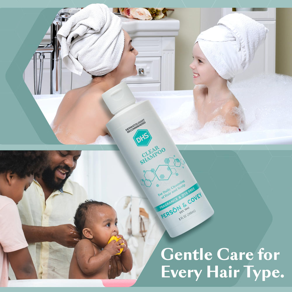 DHS Clear Shampoo, sensación suave al enjuagar para cabello limpio.