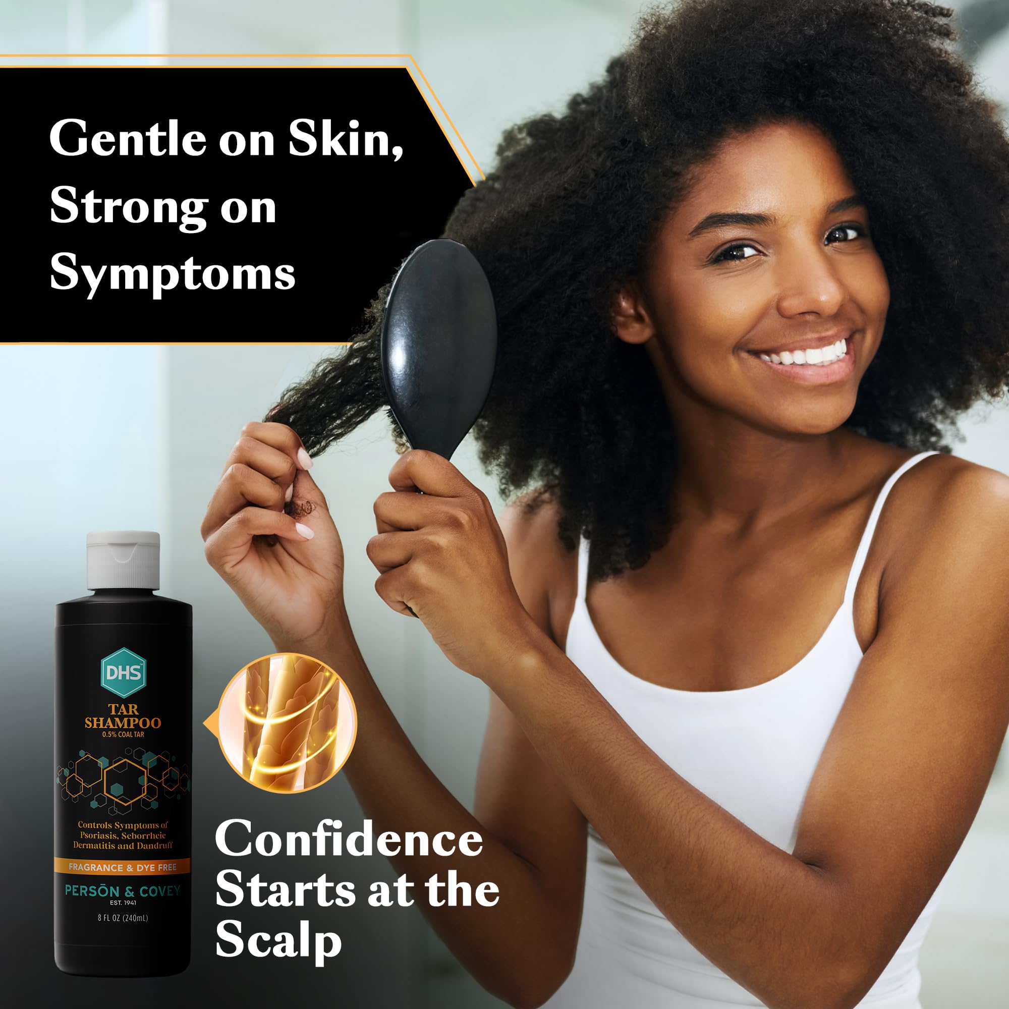 Bathroom shelf with DHS coal tar shampoo for daily use.