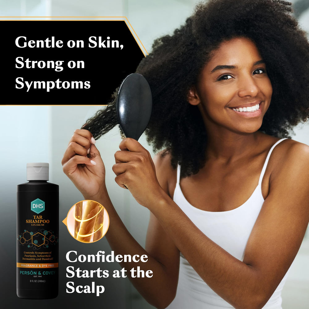 Bathroom shelf with DHS coal tar shampoo for daily use.