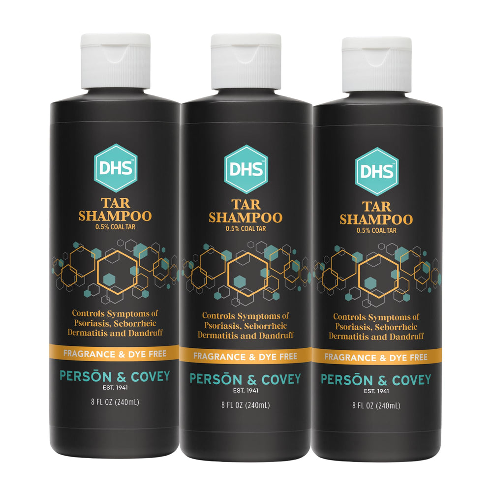 DHS coal tar shampoo bottle with pour demonstrates easy scalp care.