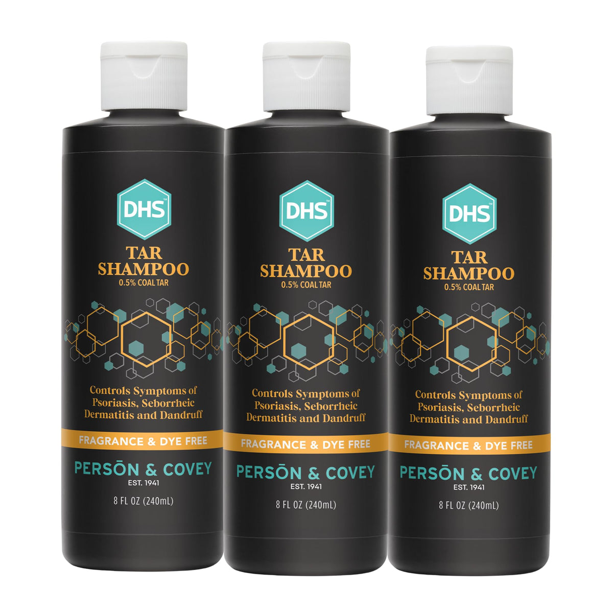 DHS coal tar shampoo bottle with pour demonstrates easy scalp care.