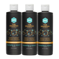 DHS coal tar shampoo bottle with pour demonstrates easy scalp care.