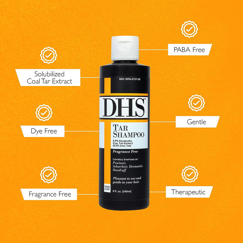 DHS coal tar shampoo clarifying-action shot conveys scalp cleansing without overdrying