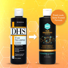DHS coal tar shampoo label close-up showing fragrance-free formula.