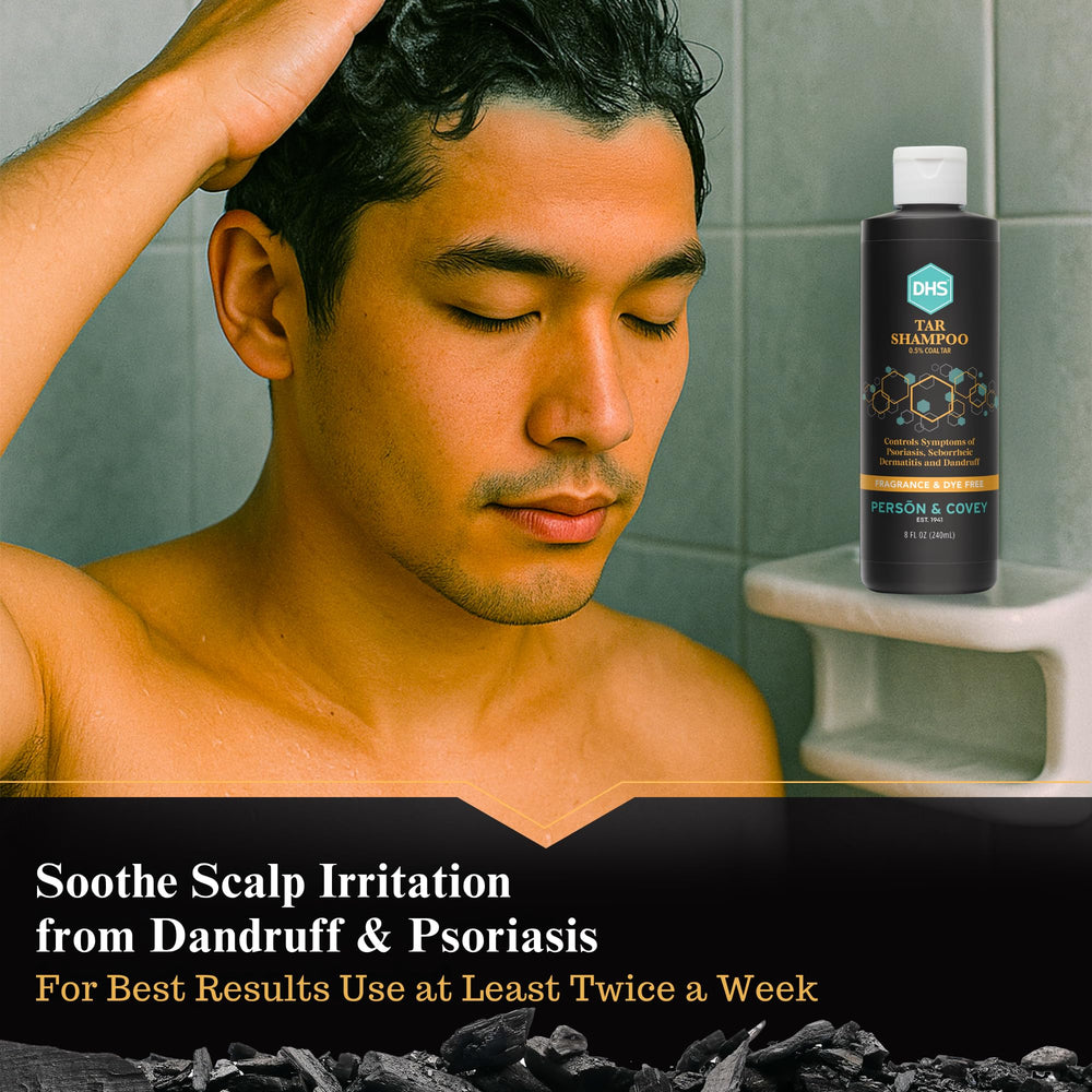 Unfragranced DHS coal tar shampoo applied to scalp for soothing effect.