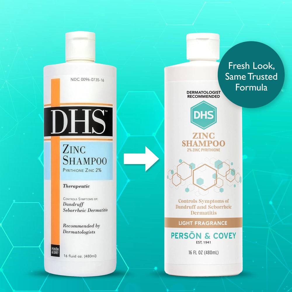 DHS Zinc Shampoo, etiqueta clara con información de la fórmula y uso recomendado