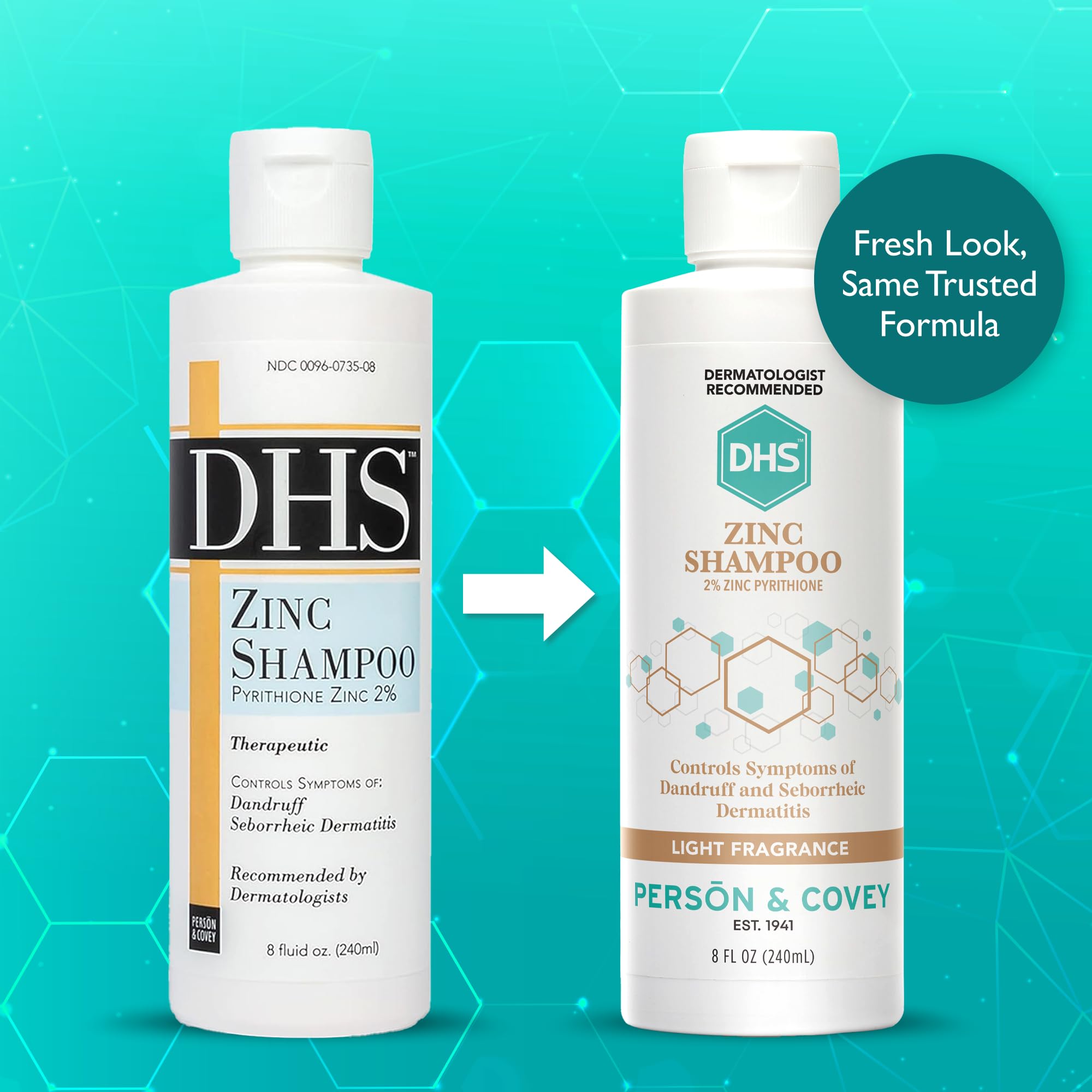 Etiqueta de DHS Zinc Shampoo muestra la fórmula con 2% piritiona de zinc para control de caspa.