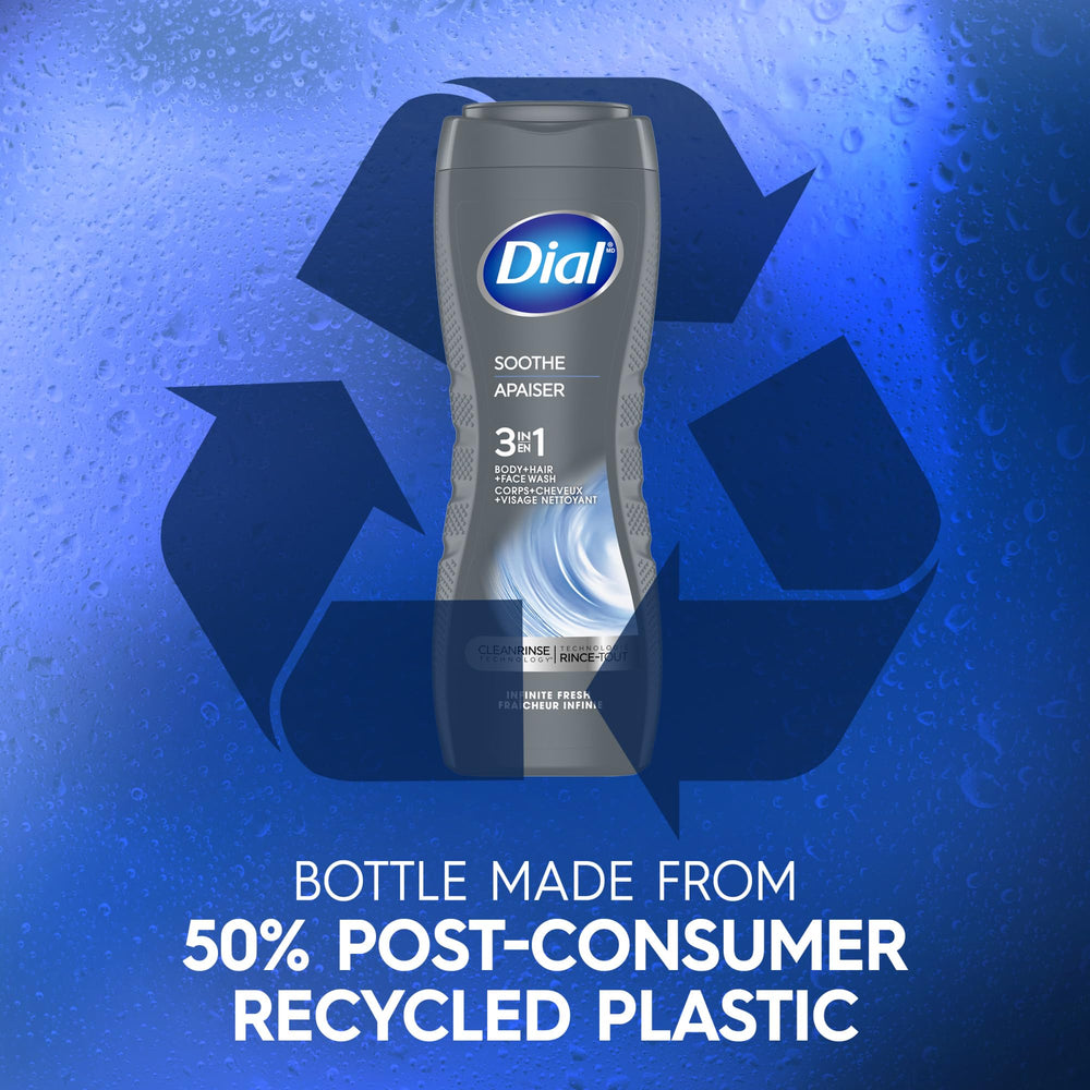Dial bottle is made with 50% post-consumer recycled plastic.
