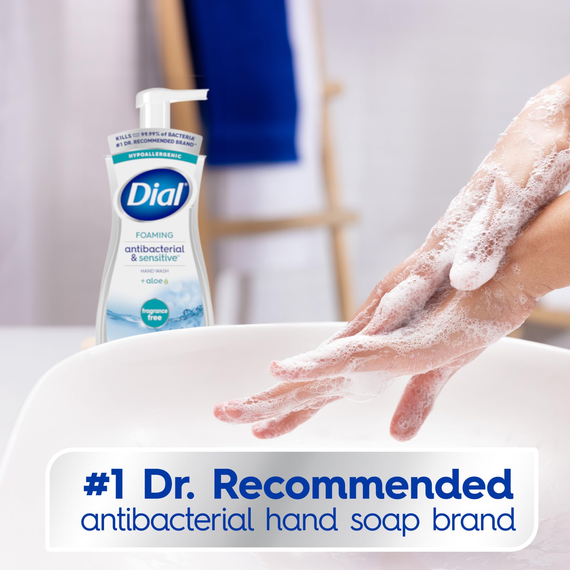 Dial hand soap with aloe moisturizers close-up shows skin softness after wash