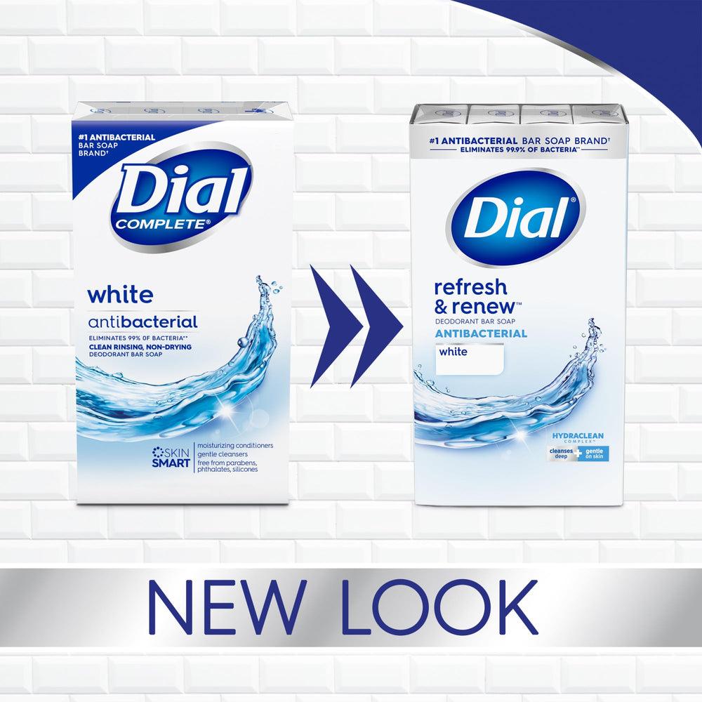Dial Refresh and Renew antibacterial bar soap in hand demonstrating easy use